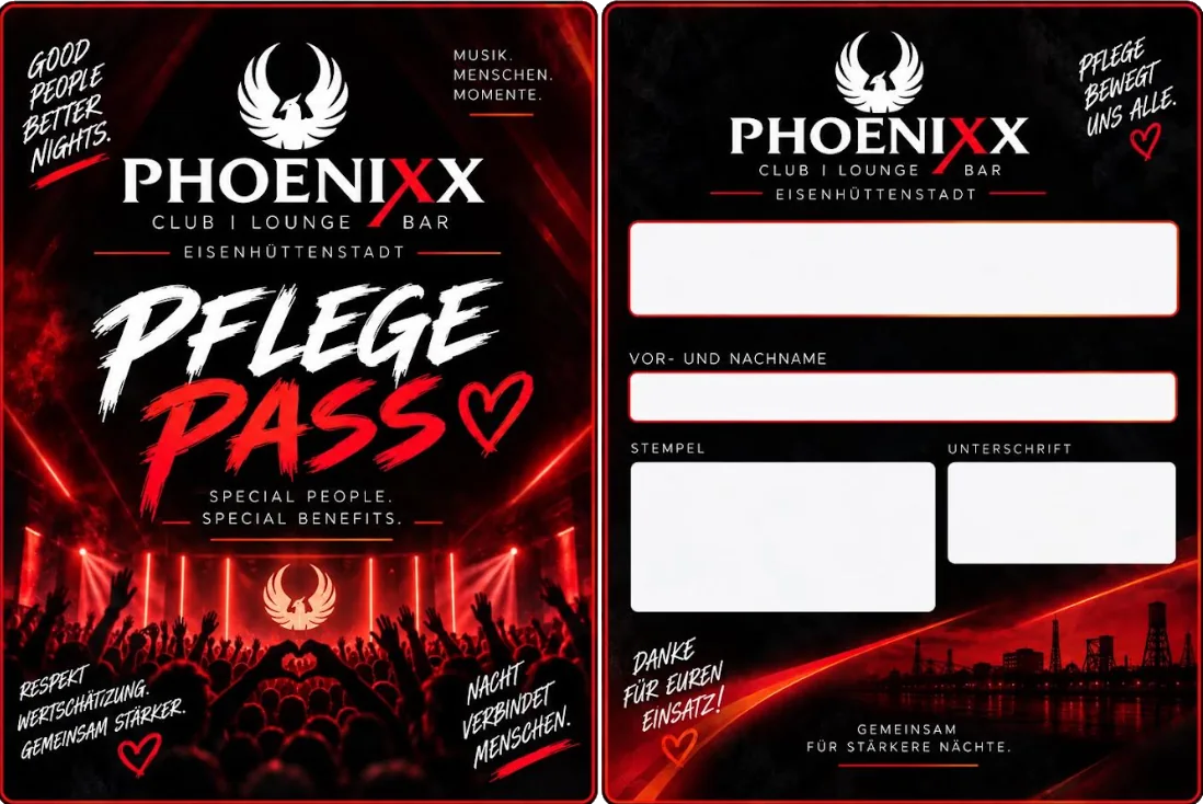 Beispiel: der Pflegepass des PHOENIXX. Vorne Logo und Schriftzug Pflegepass, hinten Felder für Name, Stempel und Unterschrift.